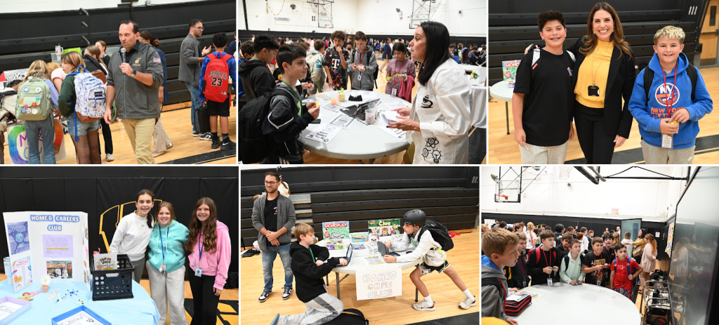 A collage of six photos showing students, teachers, and parents interacting at a school science fair or exhibition inside a gymnasium.